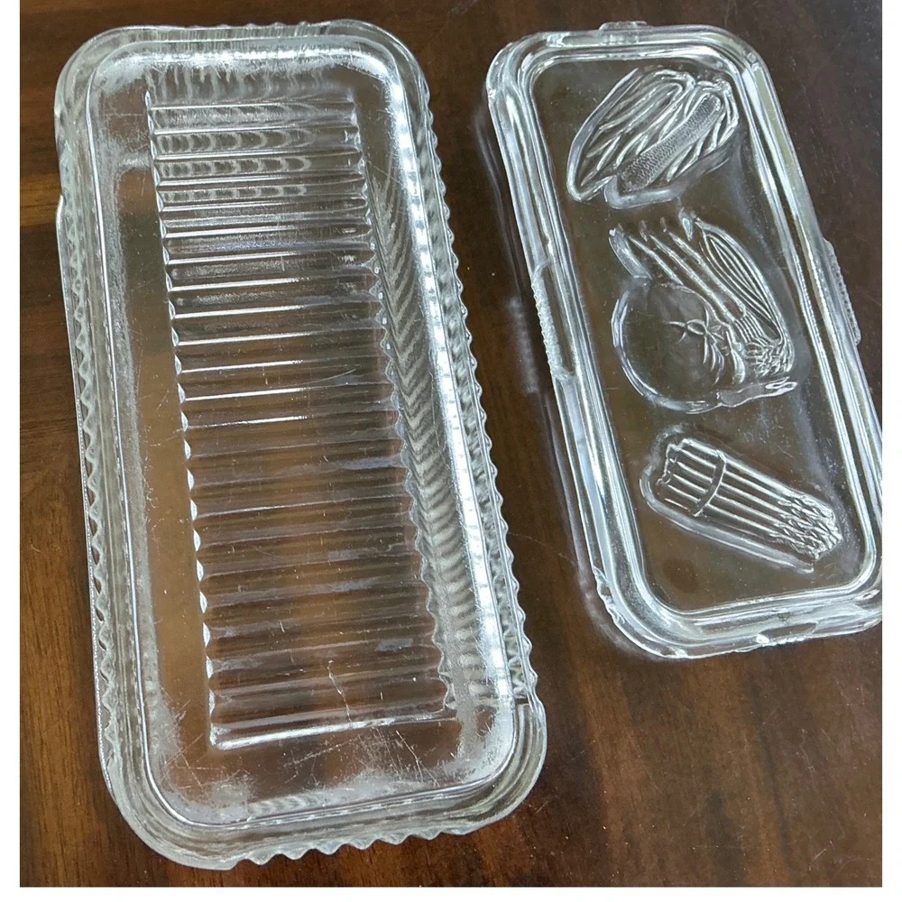 Vintage Glass Refrigerator Dish Embossed Vegetable Lid Ribbed Clear